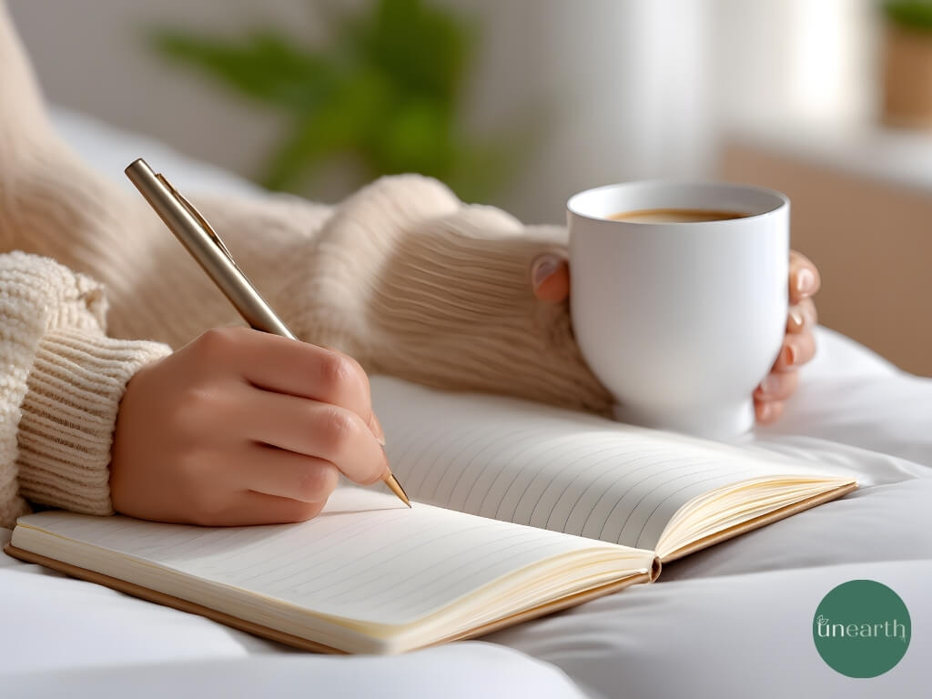 Woman journaling with a coffee