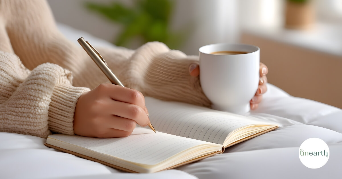Woman journaling with cup of coffee
